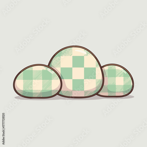 Illustration featuring three mochi desserts with a green and cream checkered pattern