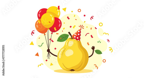 Joyful Pear Cartoon Character Celebrating Amidst Confetti and Balloon Festivities