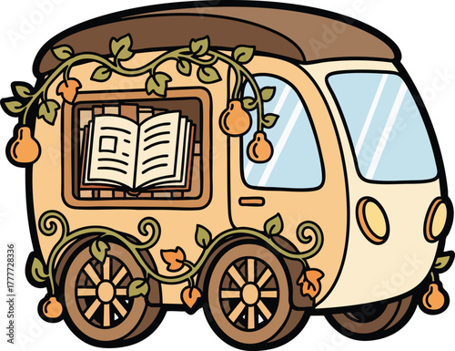 Illustration of a charming bookmobile with an open book, adorned with vines and fruit