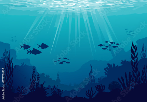 Tranquil deep ocean background with sunbeams illuminating schools of fish and coral reef silhouettes, a peaceful marine life vector scene. e