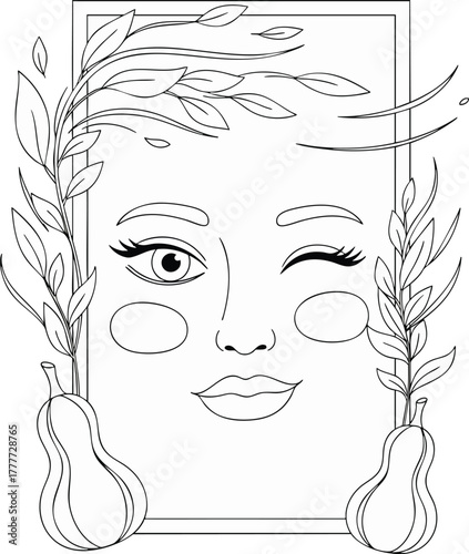Illustration of a face winking surrounded by leaves and gourds. Line art drawing for fall or autumn