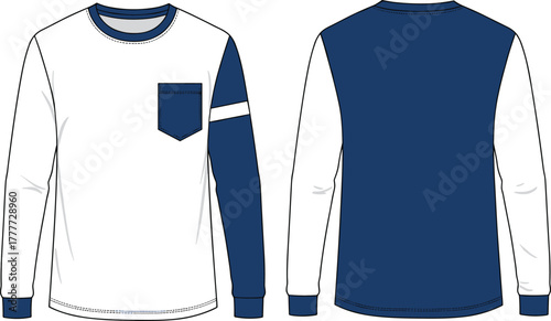 Modern color-block long sleeve shirt, asymmetrical fashion design, stylish men's top, white and navy, casual wear, front and back view