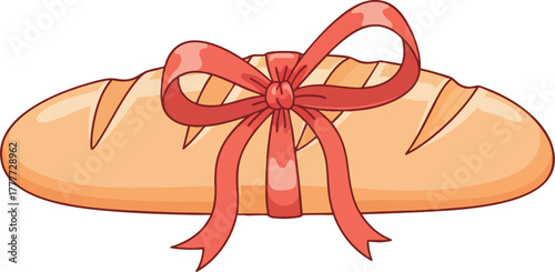 Illustration of a loaf of bread tied with a red ribbon, a perfect gift. This graphic is ideal for bakeries, food blogs, or gift-related promotions