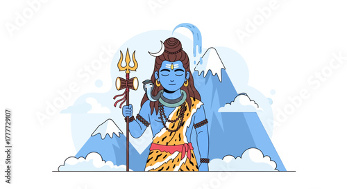 Divine illustration of a deity standing before majestic snow-capped peaks