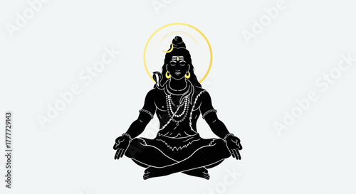 Meditating deity with glowing halo illustration in black and white silhouette