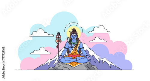 Meditating Deity on Mountain Peak Serene Spiritual Landscape Art