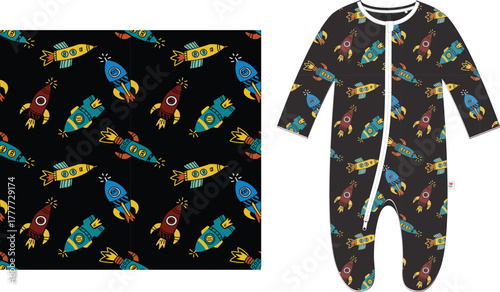 Retro Rocket Ship Seamless Pattern  Black Background Outer Space Kids Fabric Design