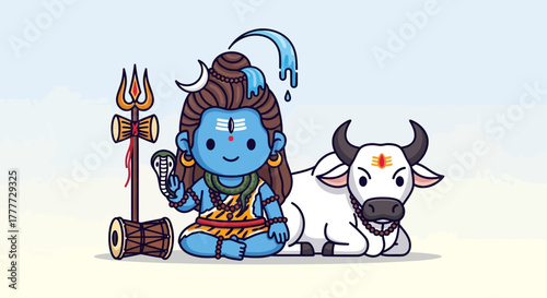 Chibi Deity with Sacred Bull and Trident Illustration a Spiritual Icon