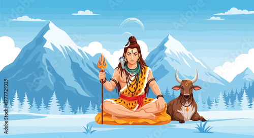 Divine Serenity in the Himalayas: Lord Shiva with Nandi Amidst Snowy Peaks