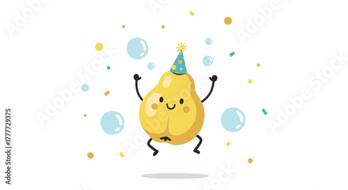 Joyful Pear Cartoon Character Celebrating With Party Hat, Bubbles and Confetti