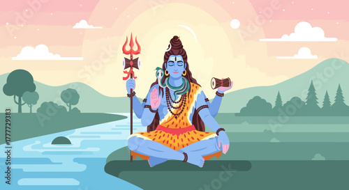 Divine mediation in a serene natural setting, Hindu deity illustration with