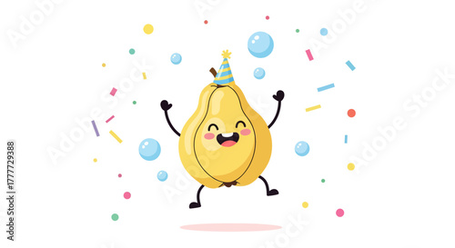 Joyful Pear Cartoon Character Celebration With Balloons Confetti On White Background