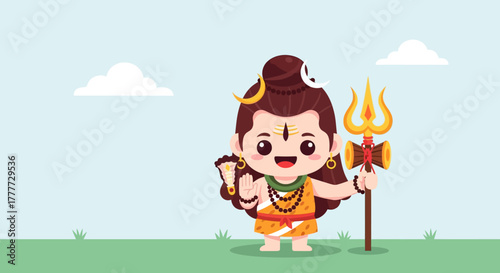 Charming Lord Shiva cartoon illustration in peaceful landscape