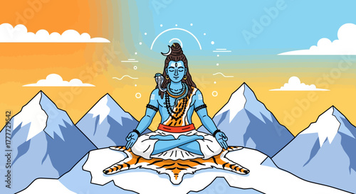 Divine Figure Meditating atop Snowy Peaks under a Radiant Sky