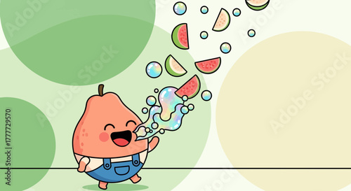 Joyful Pear Character Blowing Bubbles With Watermelon And Green Guava Slices