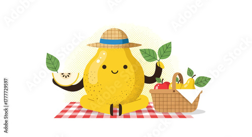 Joyful Pear Character Enjoying a Picnic on a Sunny Day with A Lot of Fruits