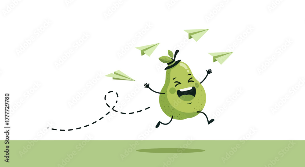 Obraz premium Joyful Pear Mascot Chasing Paper Aeroplanes, Cheerful Cartoon Illustration Design