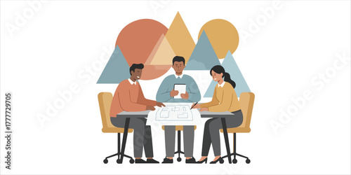 Professional team discussing architectural projects in a modern office setting minimalist composition with handcrafted textures, geometric forms, and clean color blocks. A modern and elegant design th