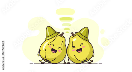 Joyful Pear Duo In Hats Expressing Fun and Happiness, Vector Illustration