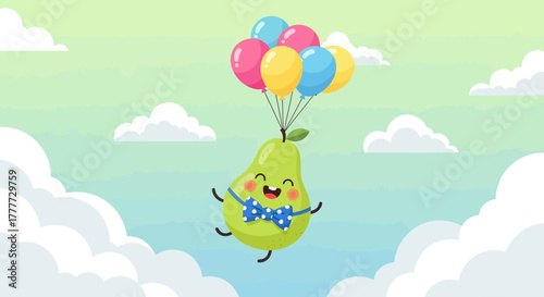Joyful Pear Floatation Above Clouds Using Balloons With Vibrant Colors and A Cute Face