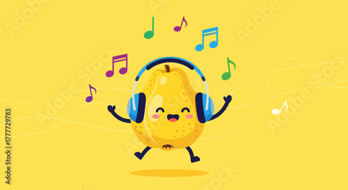 Joyful Pear Mascot Dancing With Headphones And Musical Notes On Yellow Background