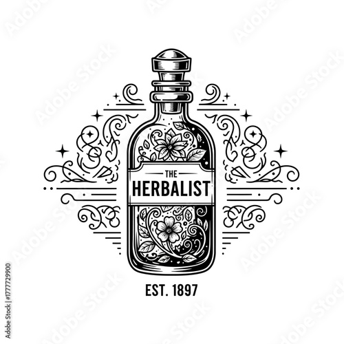 Vintage Herbalist Apothecary Bottle with Ornate Floral Engravings.
