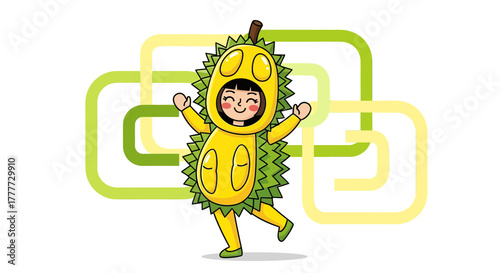 Joyful Person in Durian Costume Joyfully Posing With Green Abstract Background