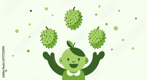 Joyful Person Juggling Fresh Soursop Fruits in a Playful, Green-Themed Cartoon