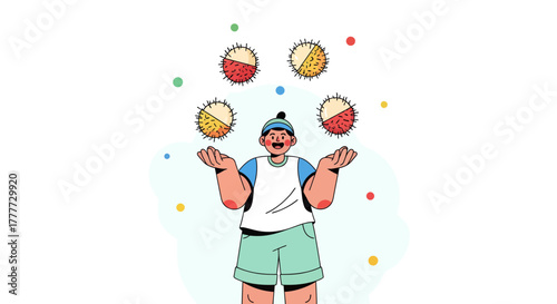 Joyful Performer Demonstrates Juggling Skills Showcasing Skillful Dexterity and Precision