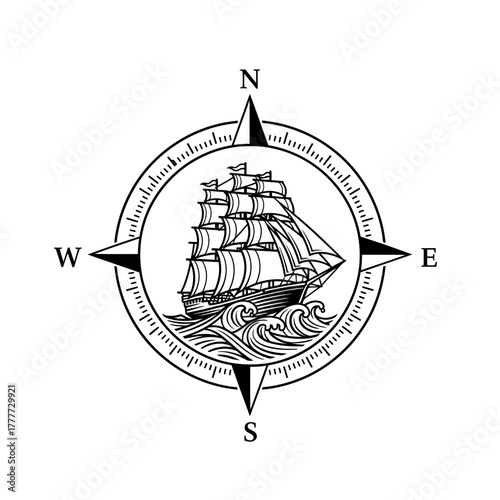 Compass Rose with Sailing Ship - A Vintage Nautical Illustration.