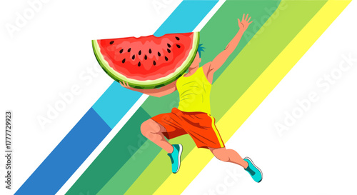 Joyful Person Jumping With Watermelon, Vibrant Colors, And Energetic Movement