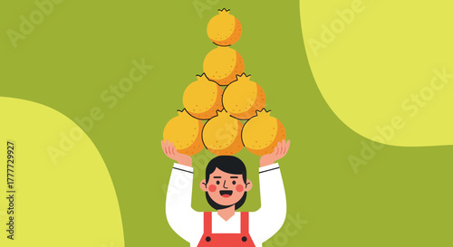 Joyful Person Balancing Citrus Fruits in Vector Illustration Design