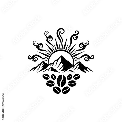 Sunrise over mountains with coffee beans logo design.