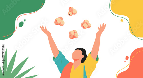 Joyful Person Playing With Popcorn, Abstract Illustration with Artistic Colorful Background