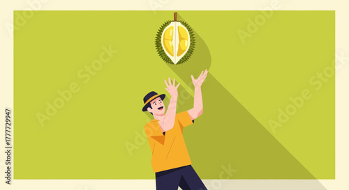 Joyful Person Catching Dangling Durian Fruit With a Cheerful Expression