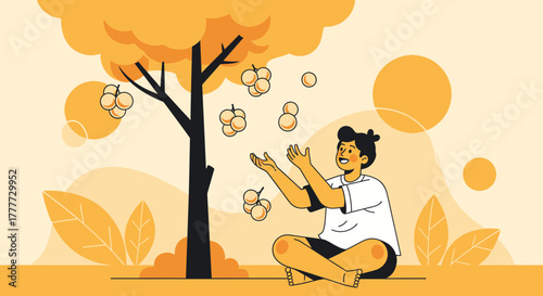 Joyful Person Playing Under A Fruit Tree With Delightful Serene Moment