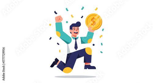 Joyful Person Celebrating Success Holding A Gold Coin With Confetti on Black Background