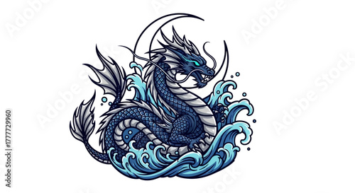 Mystical Dragon of the Deep: A majestic dragon, enveloped in swirling water, with intricate detail and piercing blue eyes, emerges from the ocean depths.