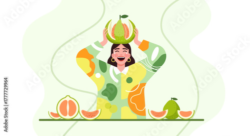 Joyful Person Celebrating Pomelo, Fresh Fruit and Healthy Lifestyle with Happiness