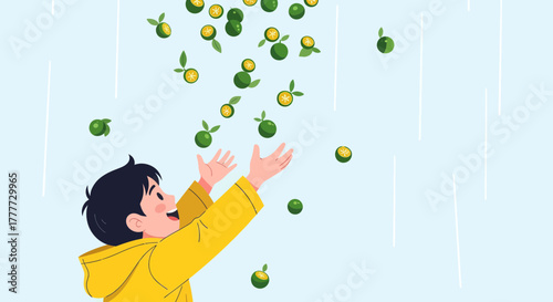 Joyful Person Playing, Catching Falling Citrus Fruits, Optimistic and Fun Illustration