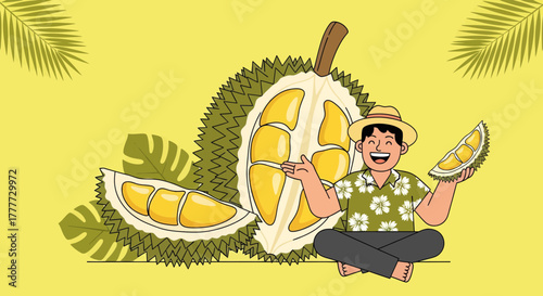 Joyful Person Presenting Durian Fruit With Tropical Foliage And Vibrant Background