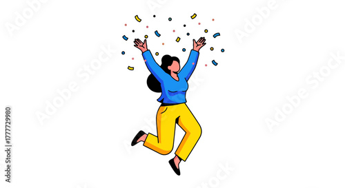 Joyful Person Celebrating Success with Confetti Floating Against a Black Backdrop
