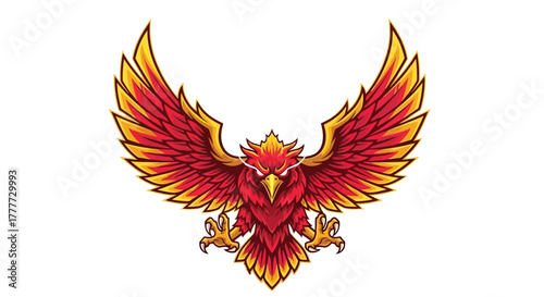 Soaring Phoenix: A majestic phoenix, depicted with fiery red and gold feathers, rises gracefully, its wings outstretched in a symbol of renewal, power, and transformation. 