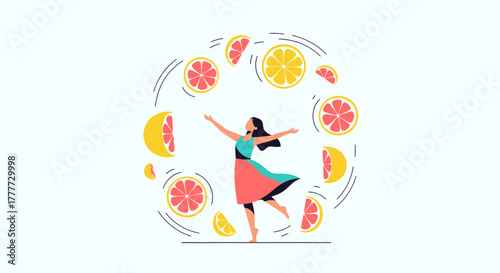 Joyful Person Dancing Amongst Citrus Fruits in Artistic and Colorful Illustration