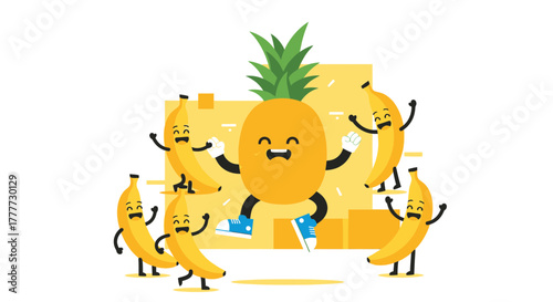 Joyful Pineapple And Bananas Characters Enjoying A Playful Moment Together