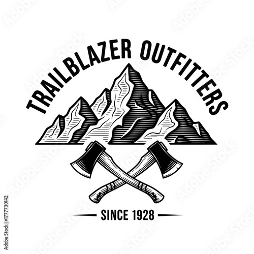 Vintage outdoor adventure logo with mountains and crossed axes.