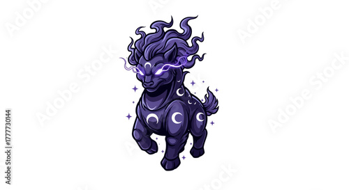 Celestial Creature: A stylized illustration of a mystical creature with dark fur, adorned with celestial symbols, radiating an aura of mystical power.