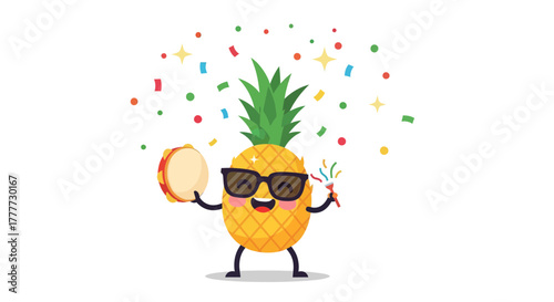 Joyful Pineapple Character Celebrating With Confetti, Tambourine, and a Cheerful Spirit