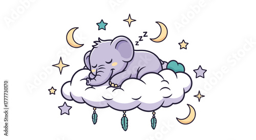 Dreaming Elephant: A gentle elephant dreams soundly atop a fluffy cloud, surrounded by twinkling stars and crescent moons, evoking feelings of serenity and peacefulness.