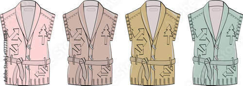 A collection of four sleeveless vest-like garments in varying pastel colors, each featuring decorative embroidery and a tied belt